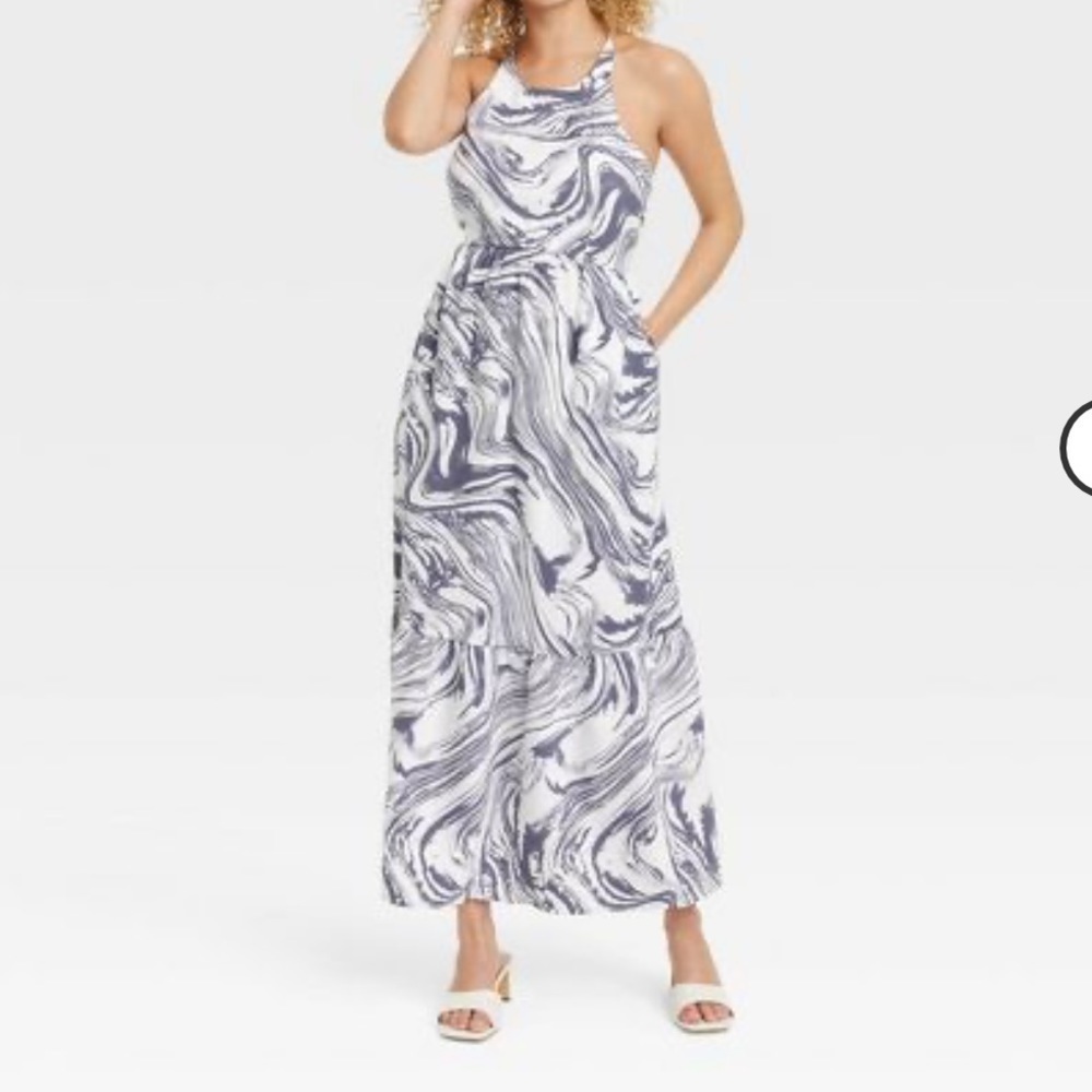 A New Day Tiered Sleeveless Halter Blue Swirl Marble Maxi Dress Women’s Size S